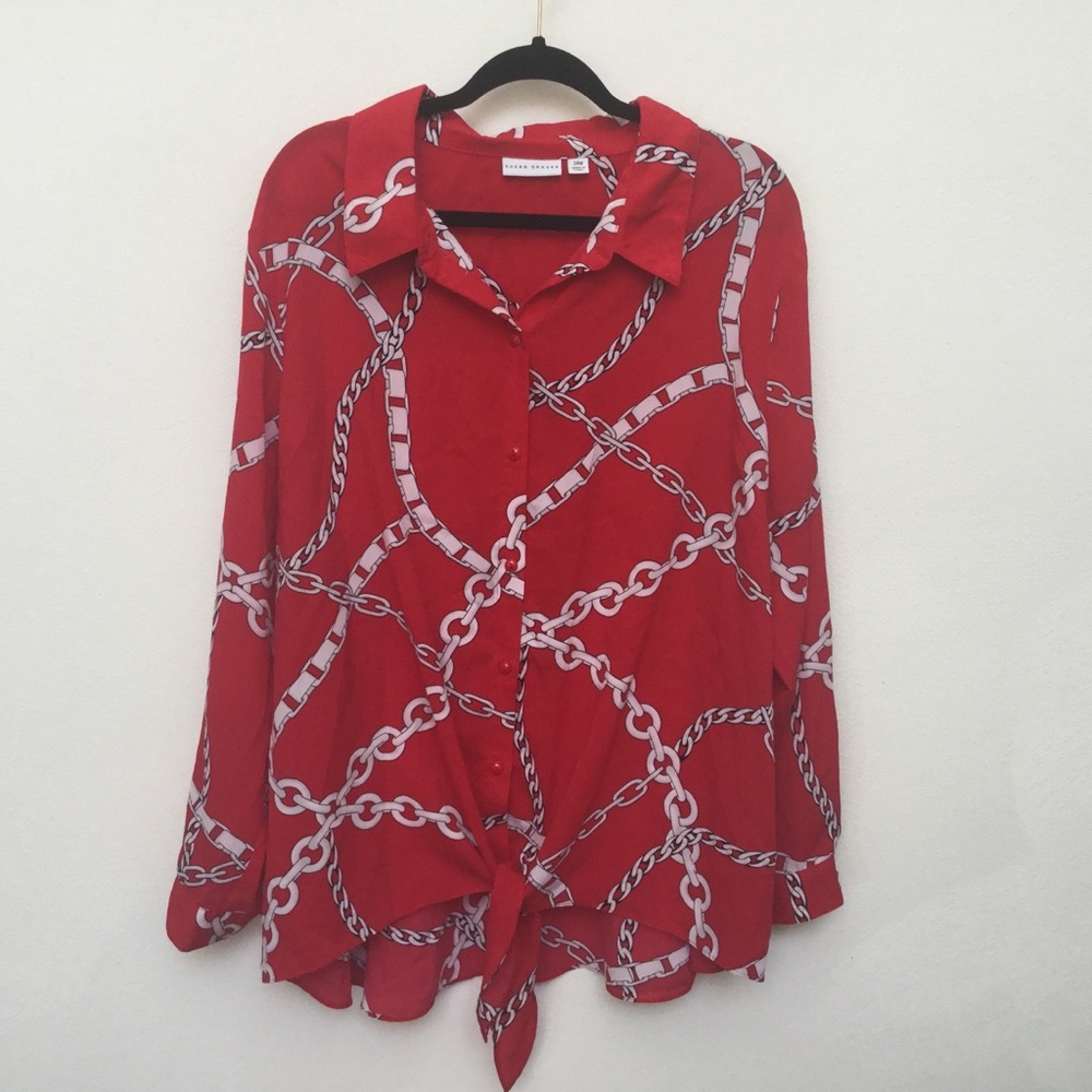 Susan Graver Red Chain Print Tie Front Button Down Shirt Size 24W Career Office